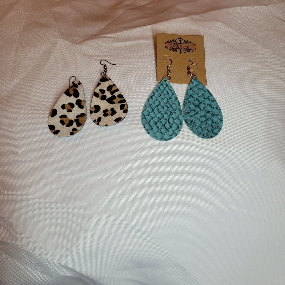 2 Pr Plunder Teardrop Earrings Leopard and Teal Snakeskin